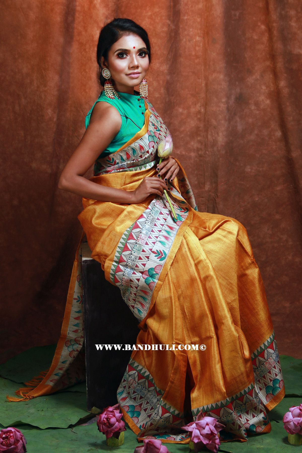 Golden Madhubani Painted Tussar Saree